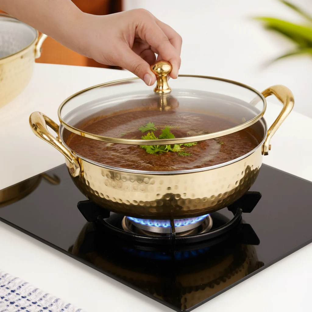 Brass Kadhai With See through Glass Lid 2500ml - Image 4