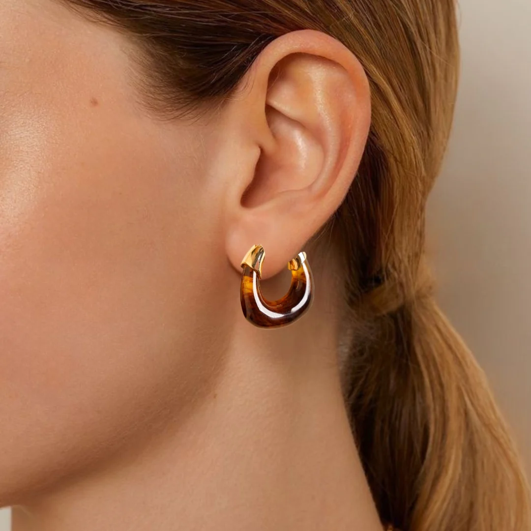 Brown And Gold Huggie Hoop Earrings - Image 2