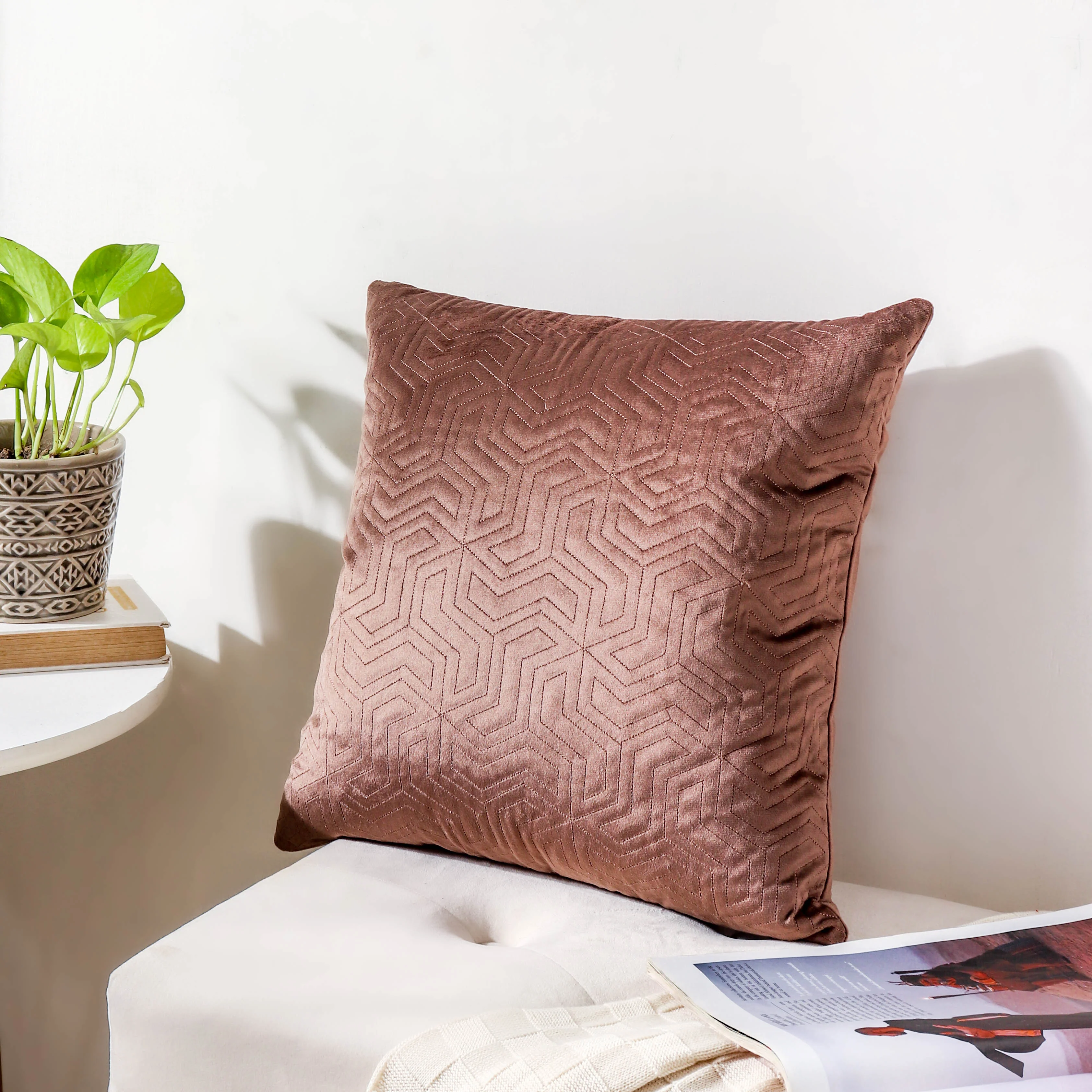Brown Quilted Velvet Cushion Cover 16 inch - Image 7