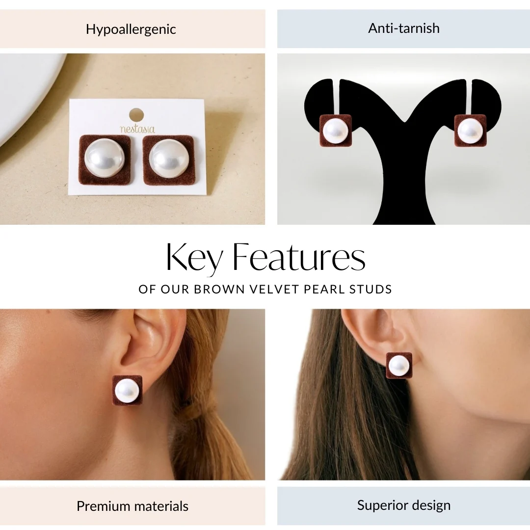 Brown Velvet Pearl Square Studs - Image 4