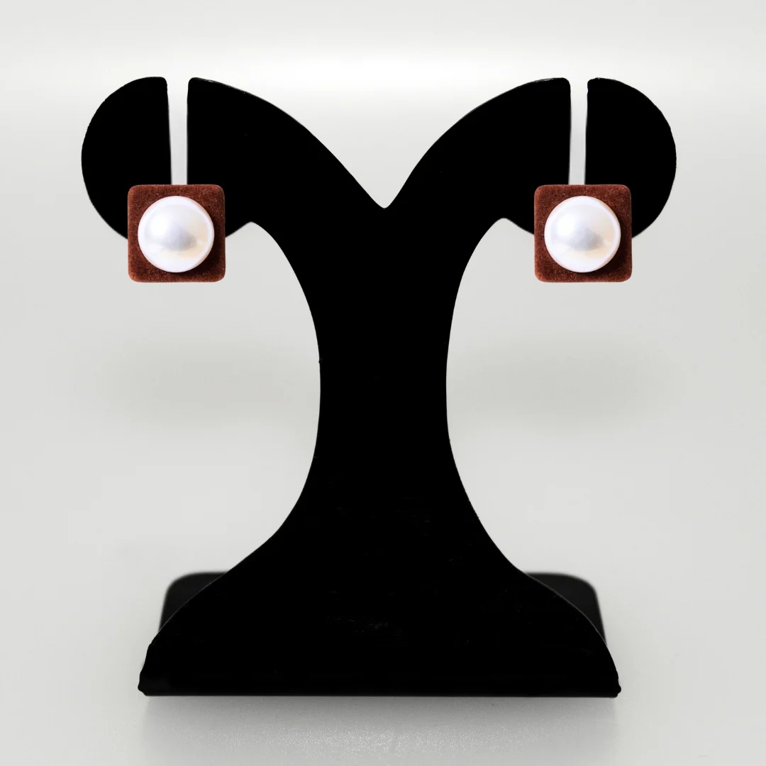 Brown Velvet Pearl Square Studs - Image 6