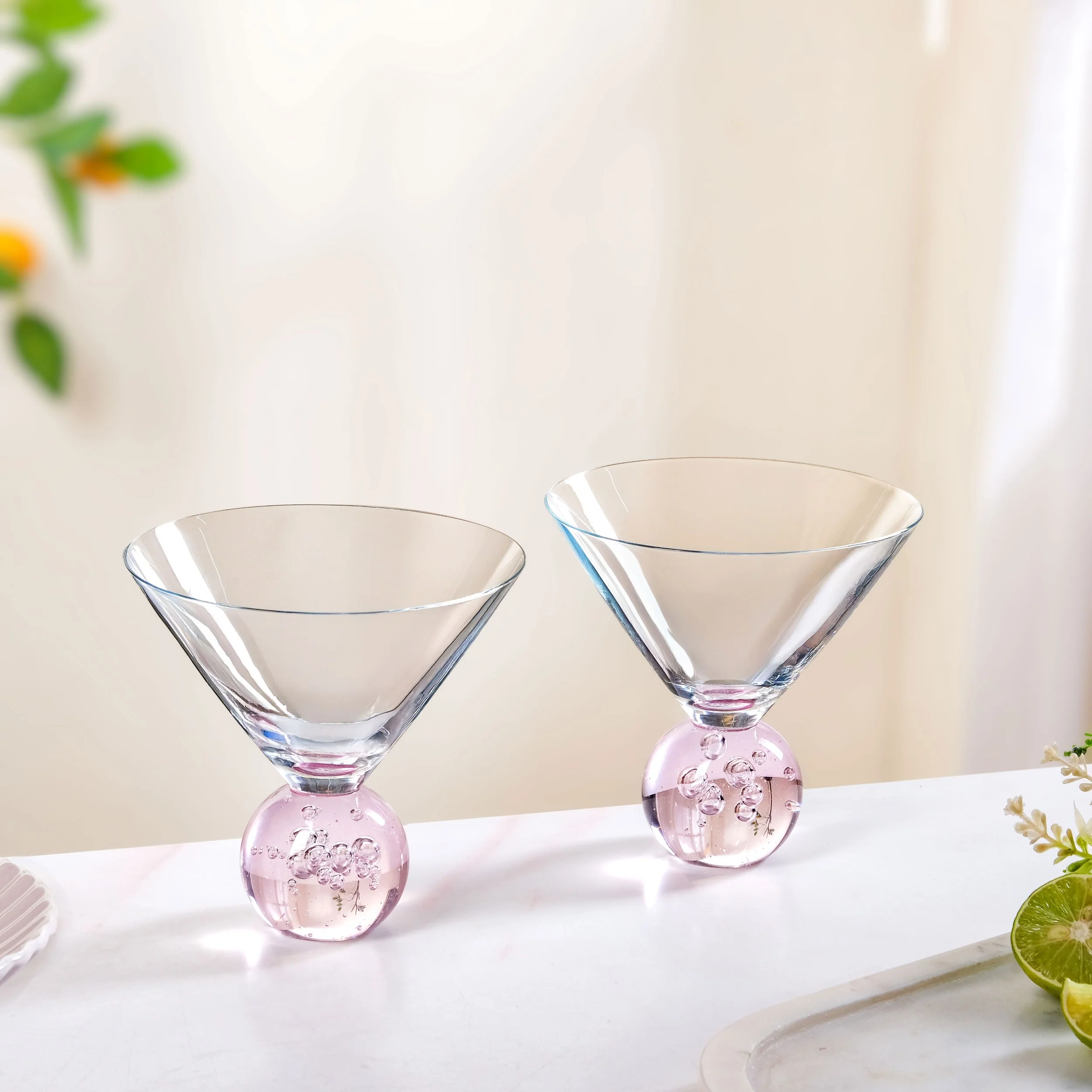 Bubble Base Martini Glass Set Of 2 220ml Pink - Image 9