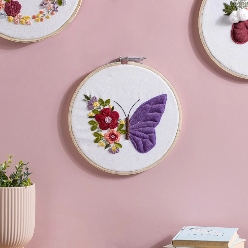 Butterfly Floral Hand Embroidered Hoop Wall Hanging 10 Inch