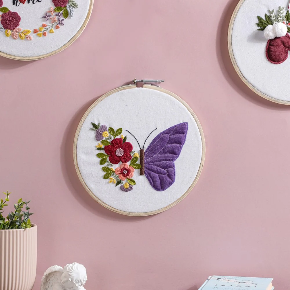 Butterfly Floral Hand Embroidered Hoop Wall Hanging 10 Inch - Image 4