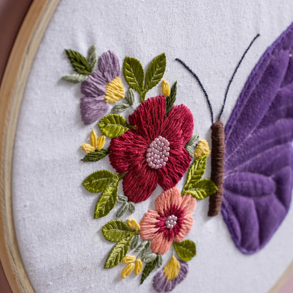 Butterfly Floral Hand Embroidered Hoop Wall Hanging 10 Inch - Image 6
