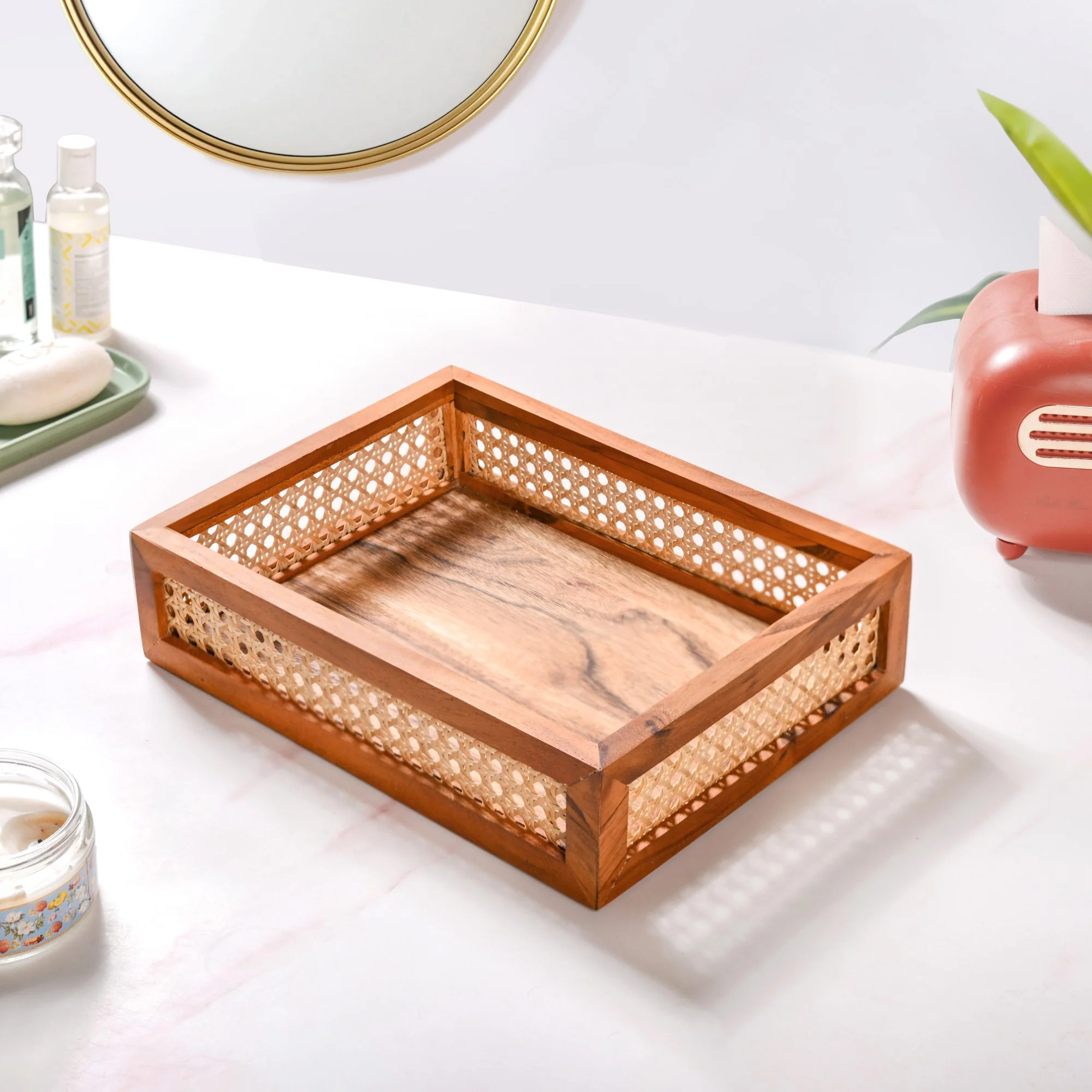 Cane Rectangular Wooden Tray