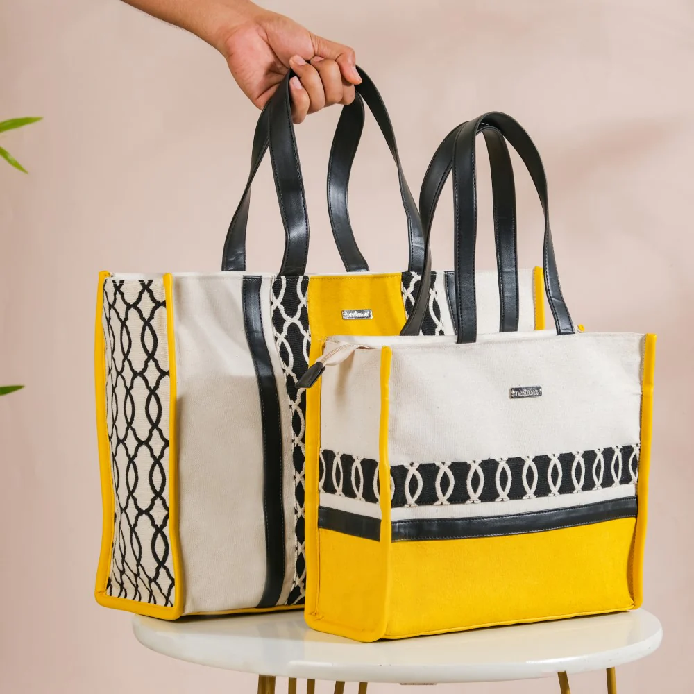 Canvas Cotton Tote Bag Yellow Set Of 2 - Image 3