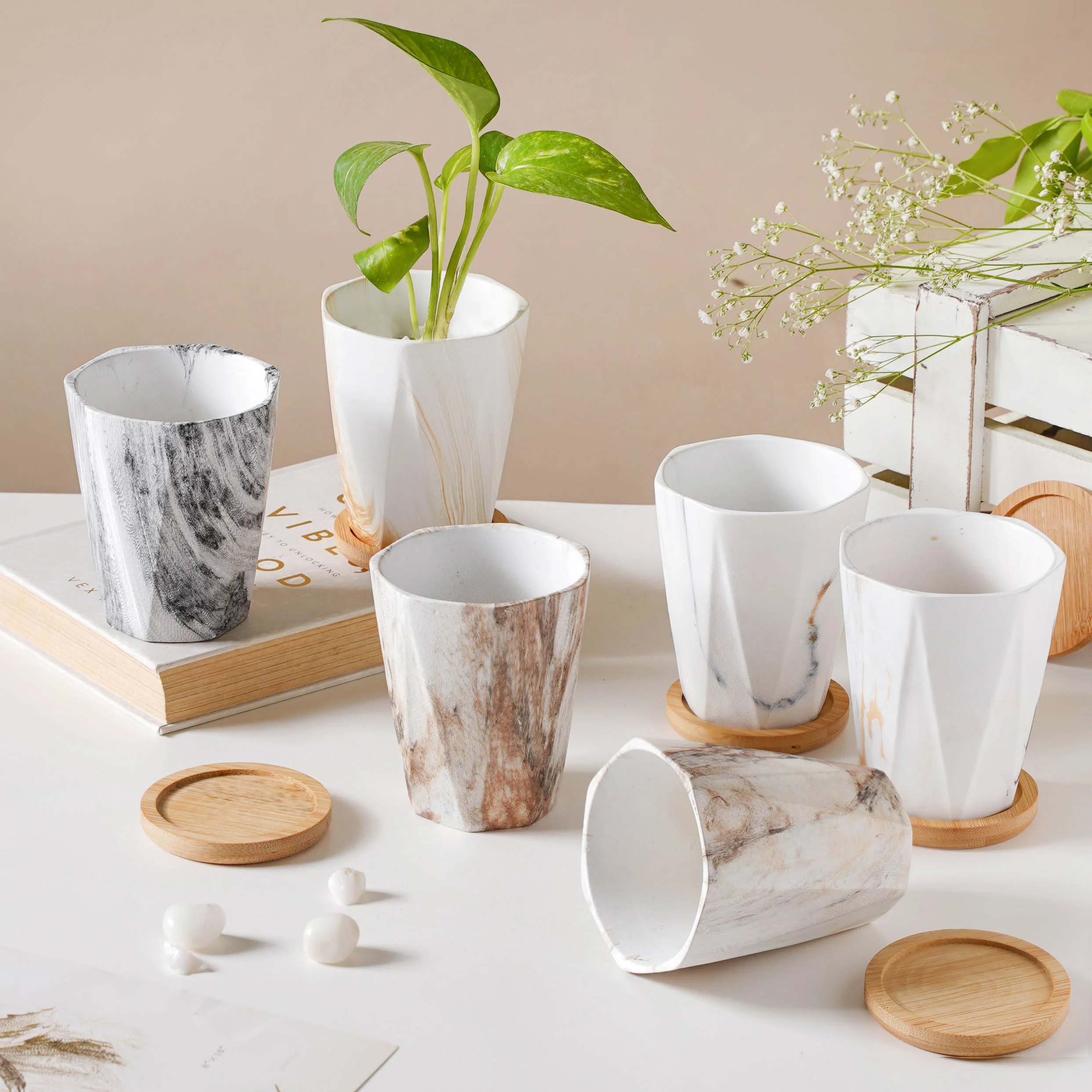 Carrara Marble Planter With Coaster - Image 9