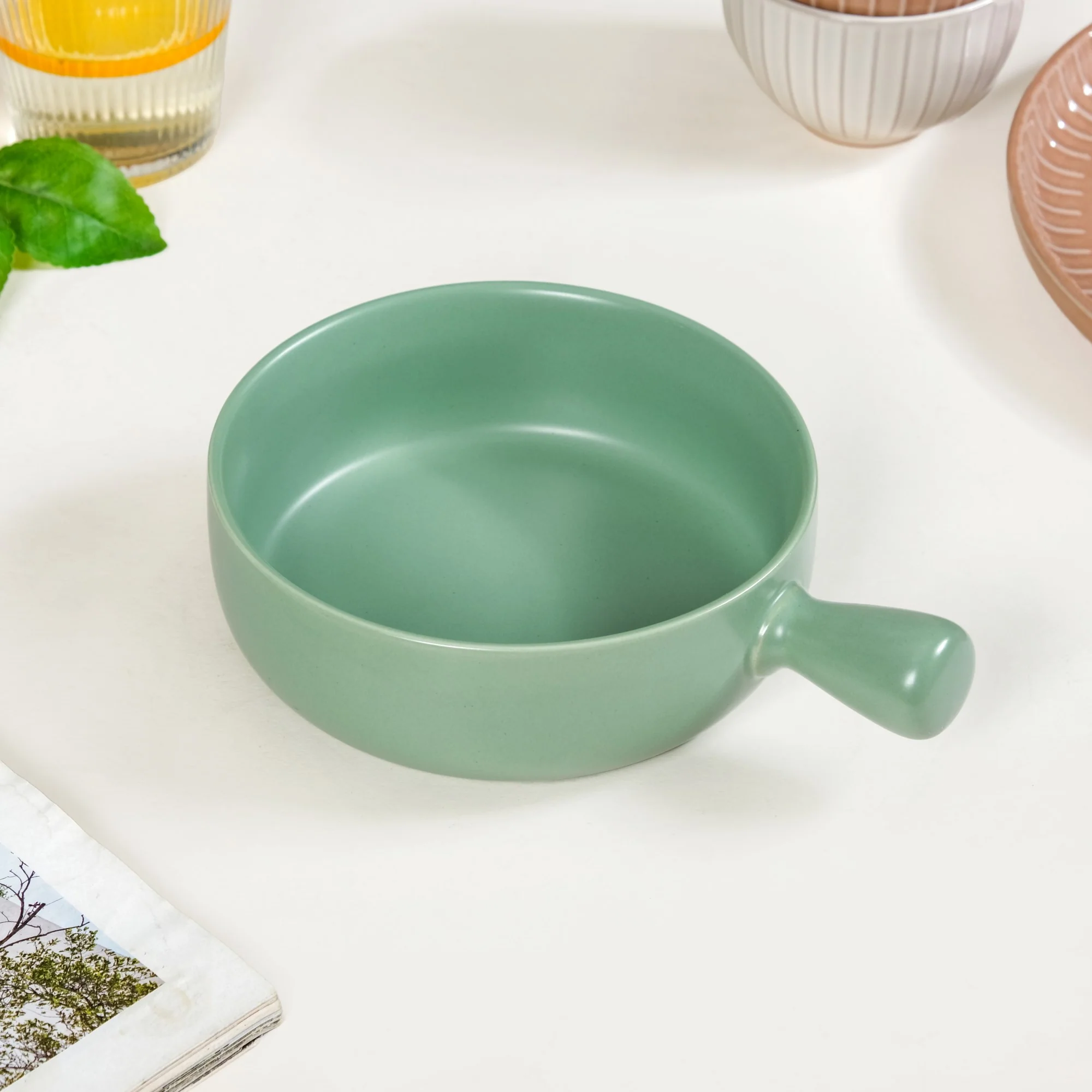 Ceramic Baking Bowl With Handle Sage Green 700ml - Image 2