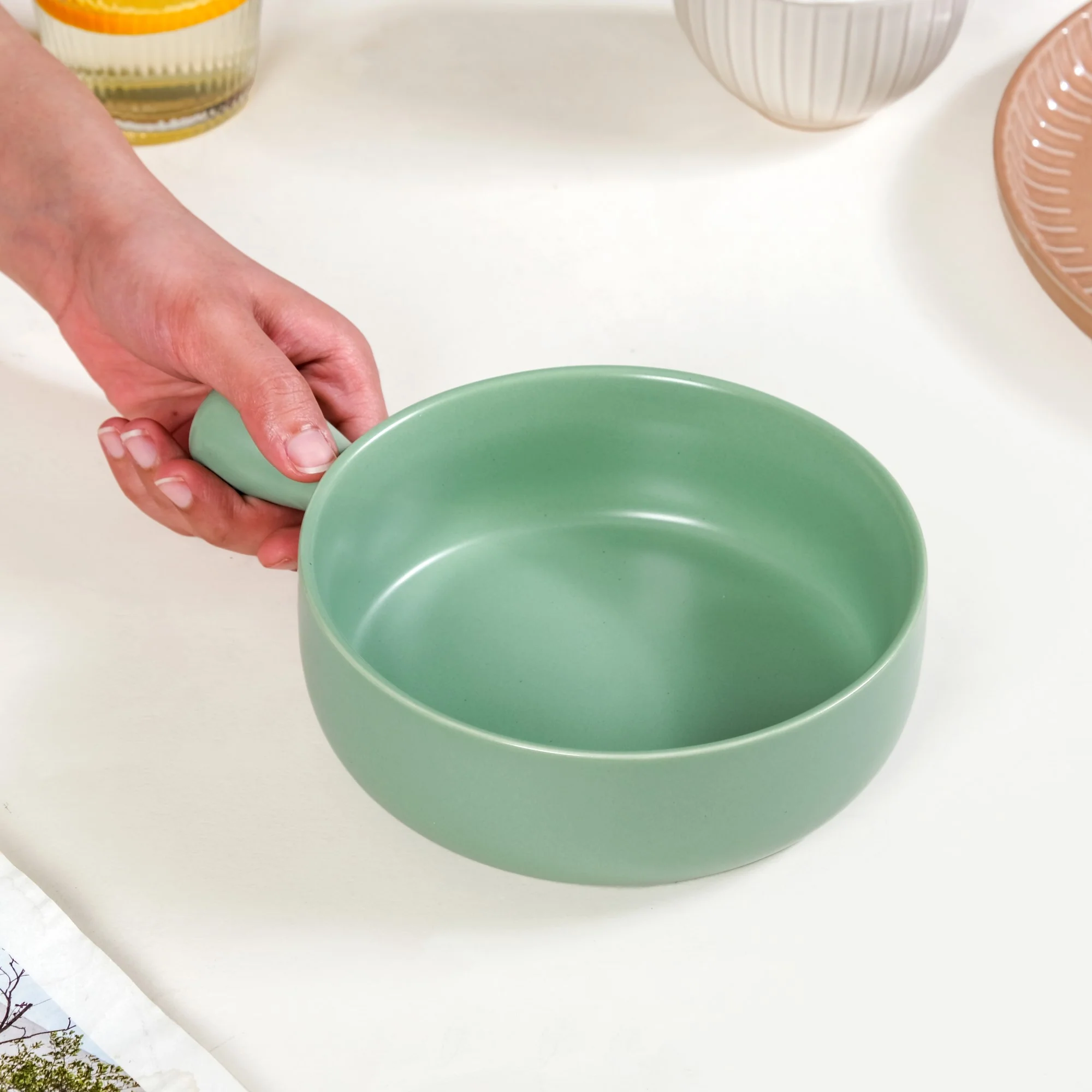 Ceramic Baking Bowl With Handle Sage Green 700ml - Image 3