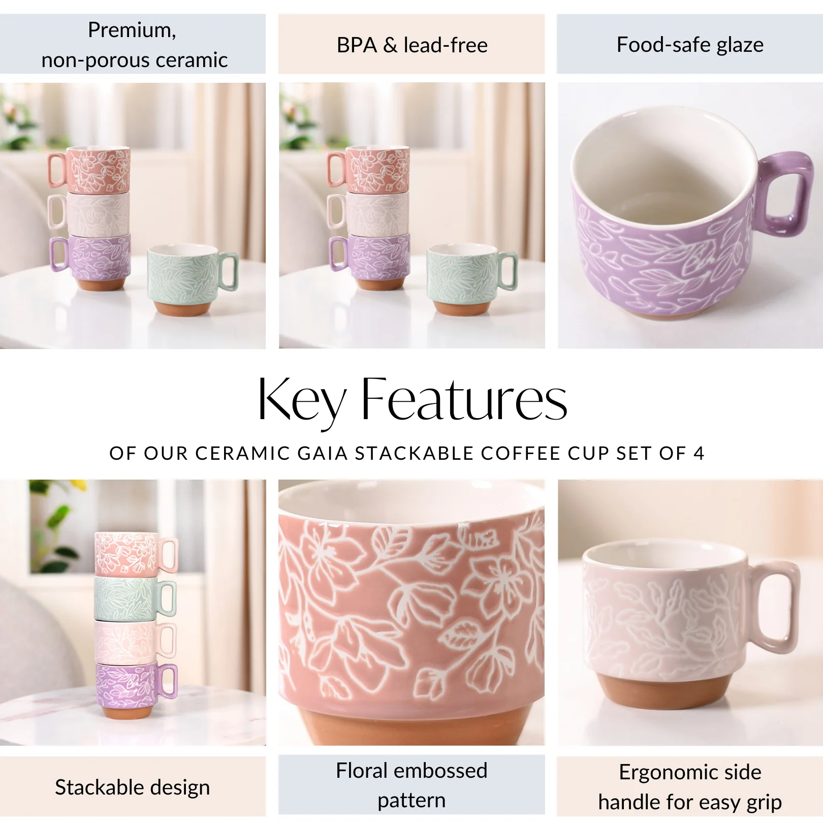 Ceramic Gaia Stackable Coffee Cup Set Of 4 250ml - Image 5