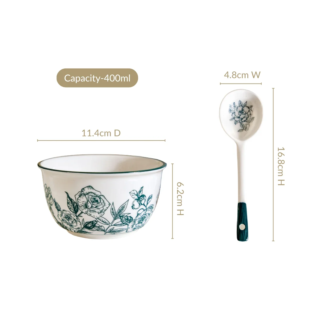 Ceramic Rose Bowl With Spoon Set Of 4 Green White 400ml - Image 4