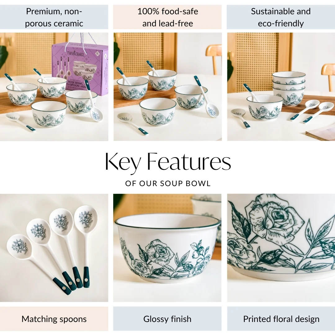 Ceramic Rose Bowl With Spoon Set Of 4 Green White 400ml - Image 5