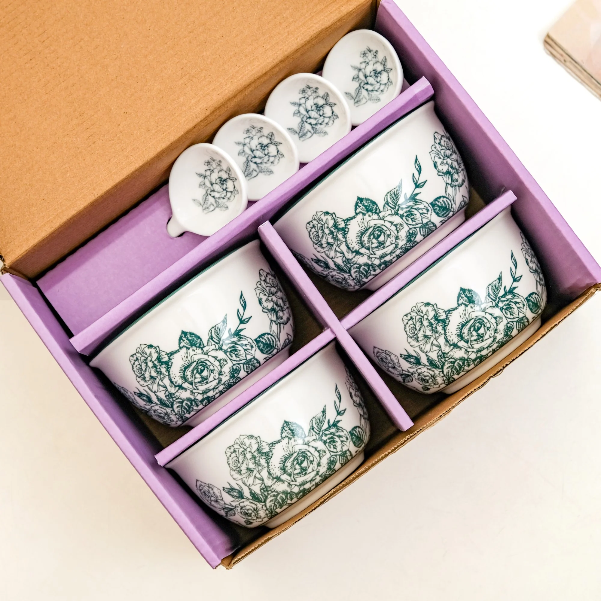 Ceramic Rose Bowl With Spoon Set Of 4 Green White 400ml - Image 7