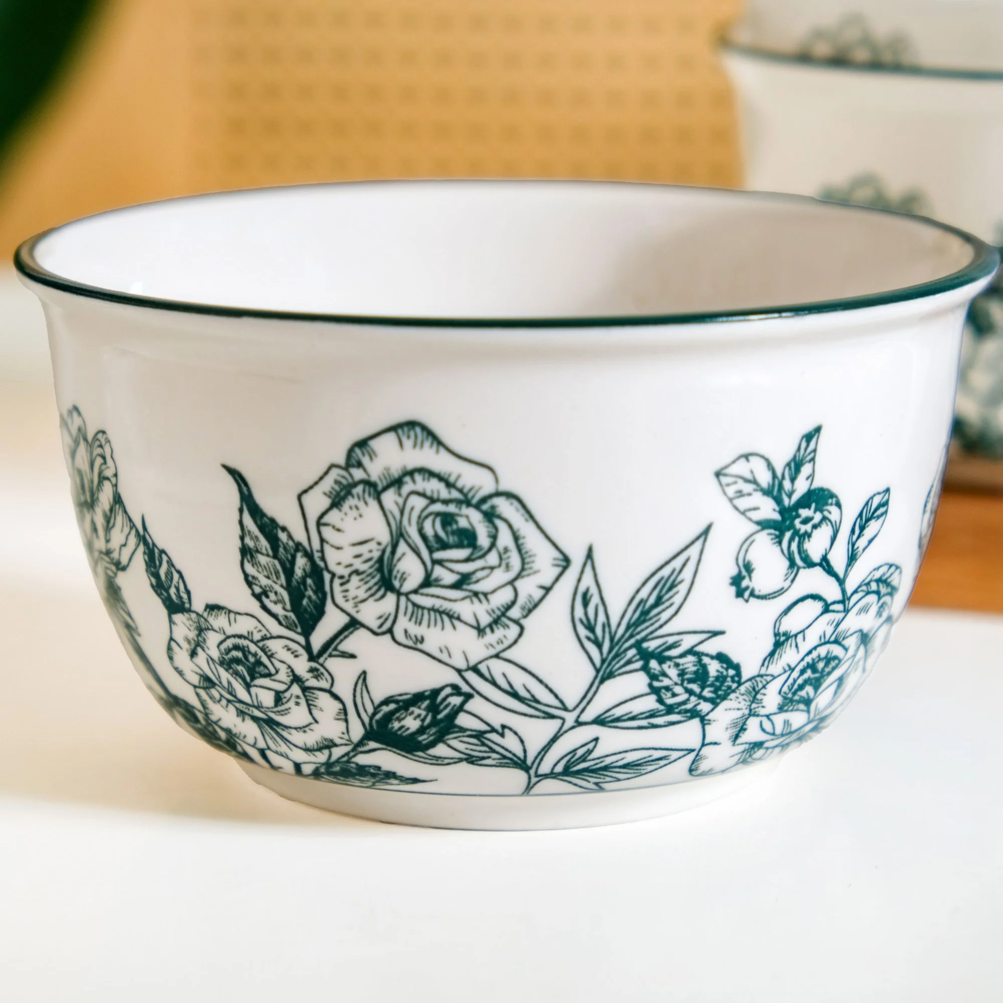 Ceramic Rose Bowl With Spoon Set Of 4 Green White 400ml - Image 8