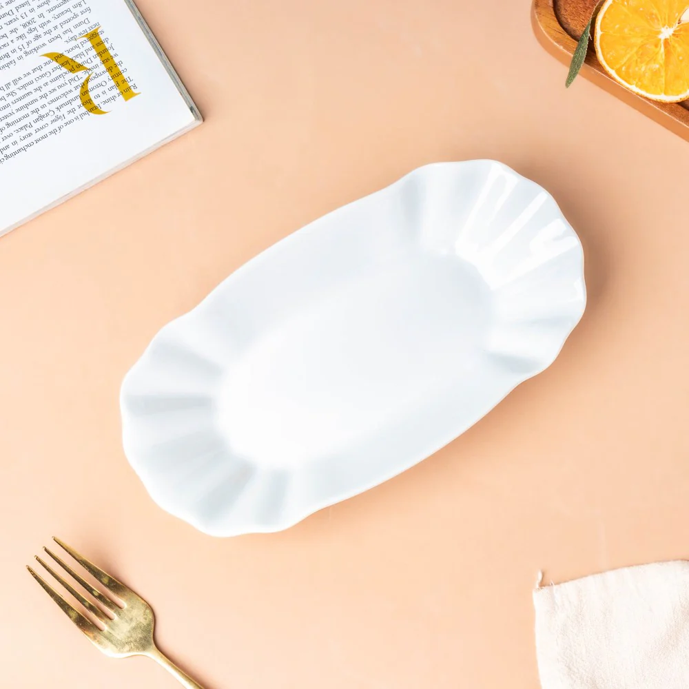 Ceramic Scalloped Long Snack Plate Classic White 8 Inch - Image 5
