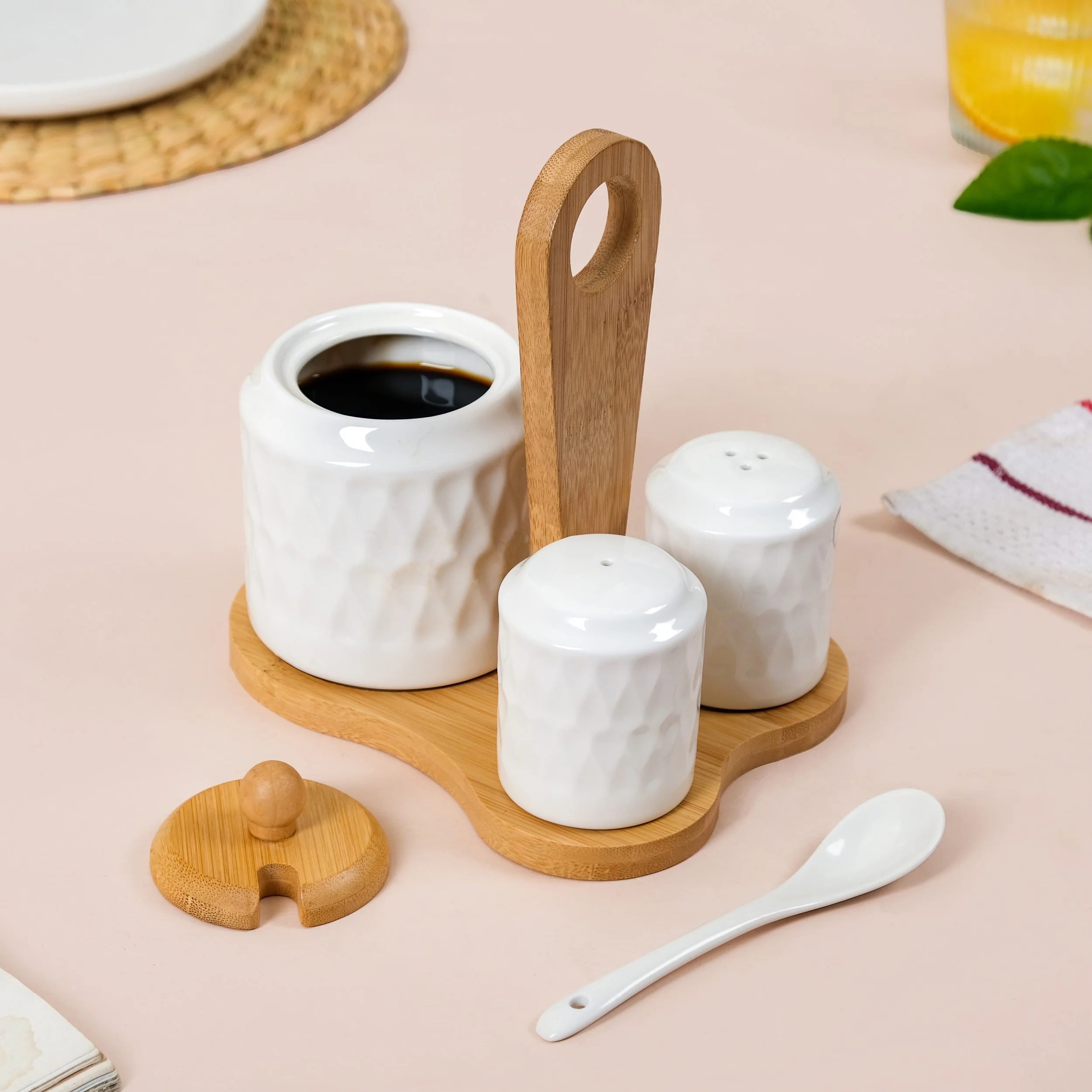 Ceramic Seasoning Jars Set Of 3 With Spoon And Wooden Stand - Image 10