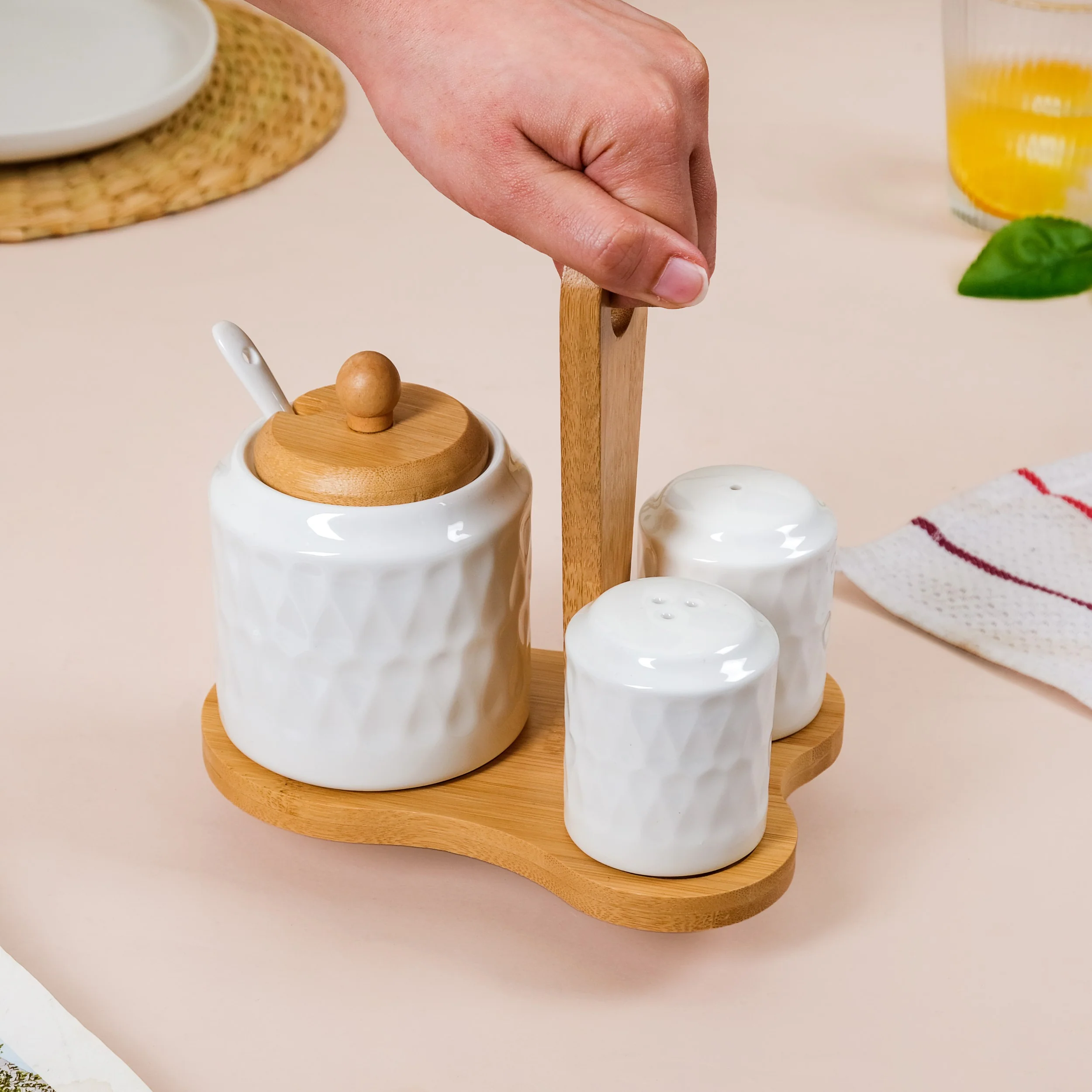 Ceramic Seasoning Jars Set Of 3 With Spoon And Wooden Stand - Image 2