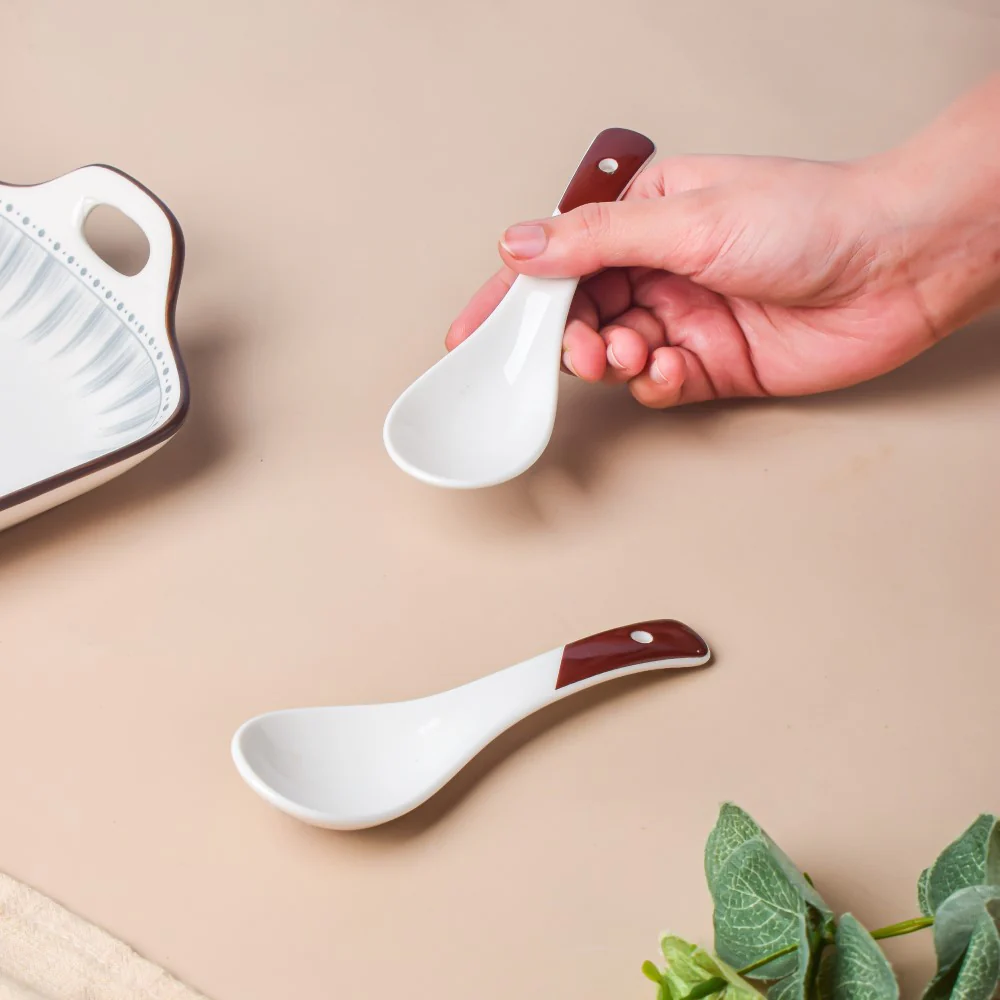 Ceramic Soup Spoon White And Brown Set Of 2 - Image 2