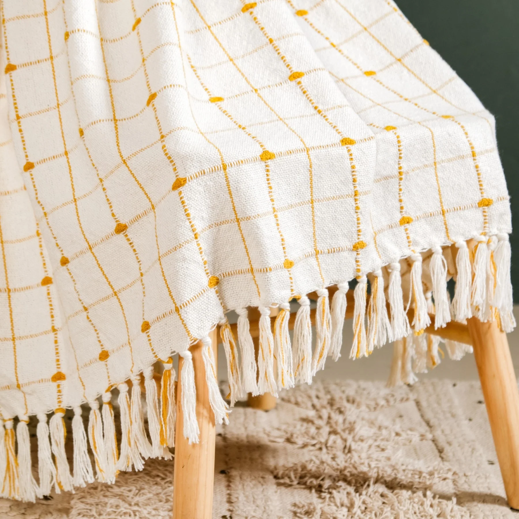 Checkered White And Mustard Yellow Tassel Cotton Throw - Image 7