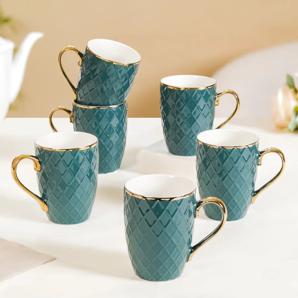 Checks Embossed Cup Set of 6 Green 330ml