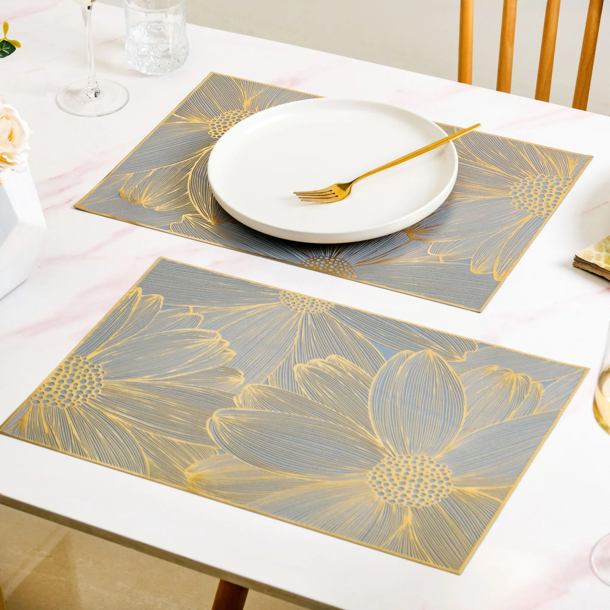 Chic Flower Rectangle Table Mat Set Of 6 Gold Blue - Image 6