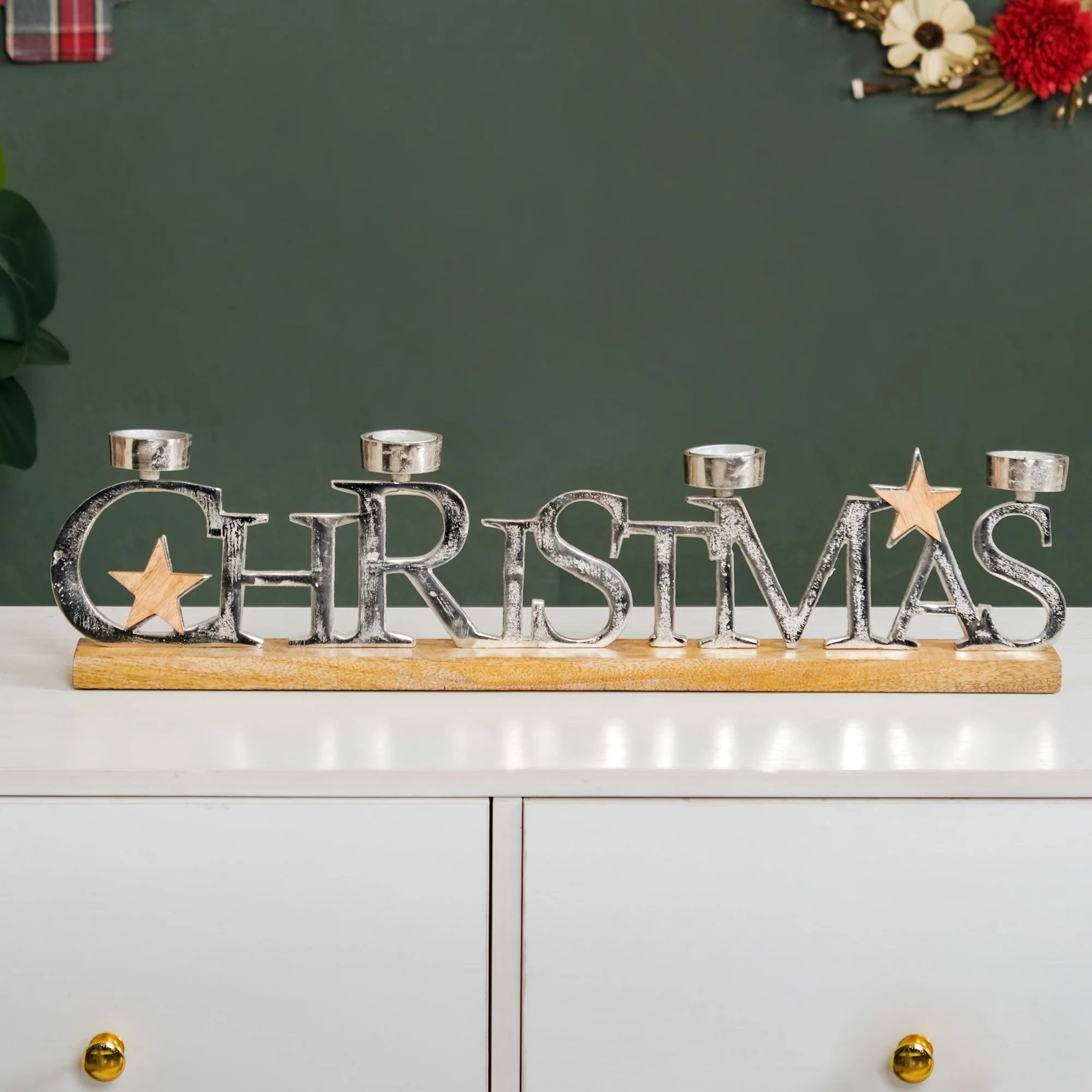 Christmas Lettering Tea Light Holder With Wooden Base Large - Image 6