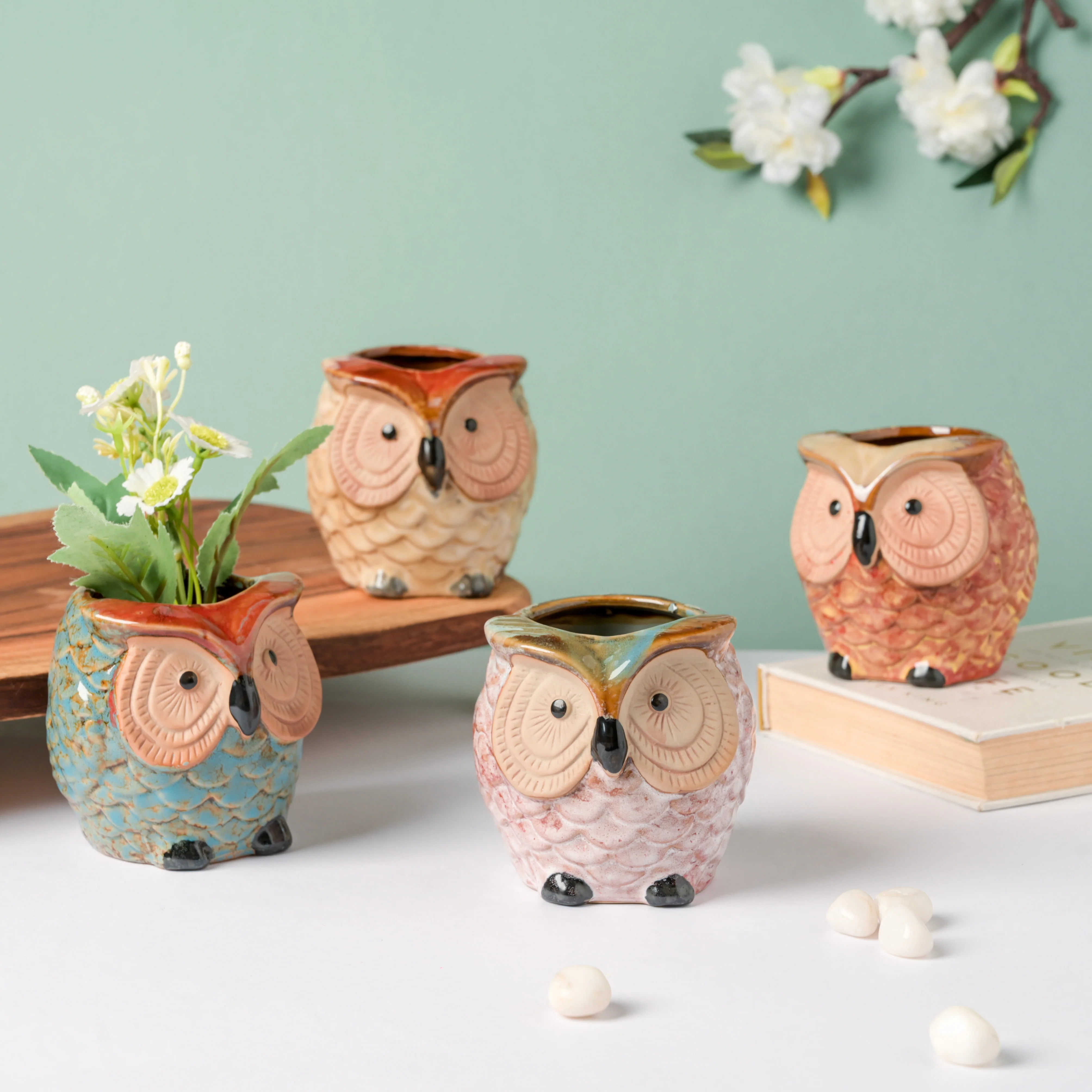 Colossal White Ceramic Owl Planter With Wooden Coaster - Image 15