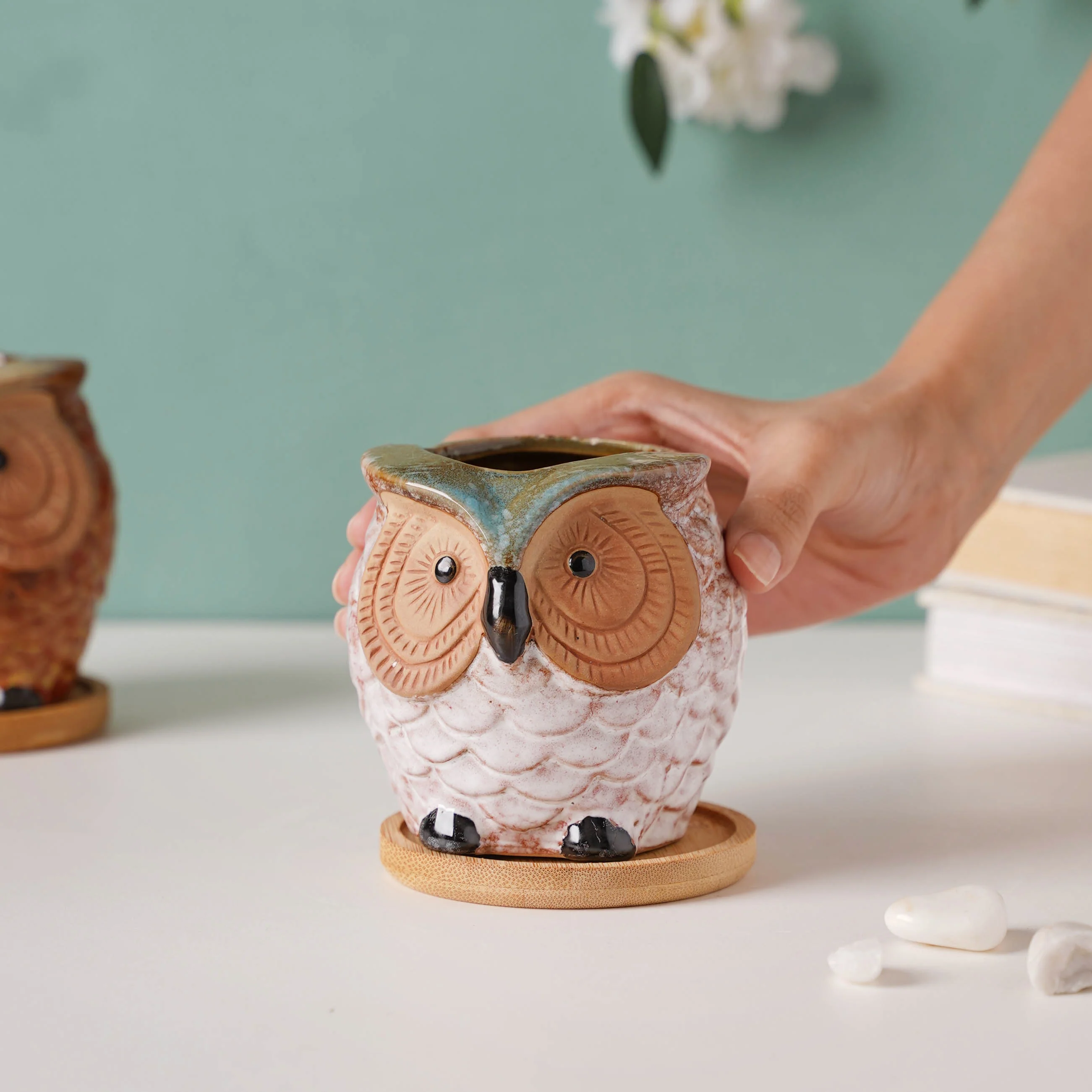 Colossal White Ceramic Owl Planter With Wooden Coaster - Image 2