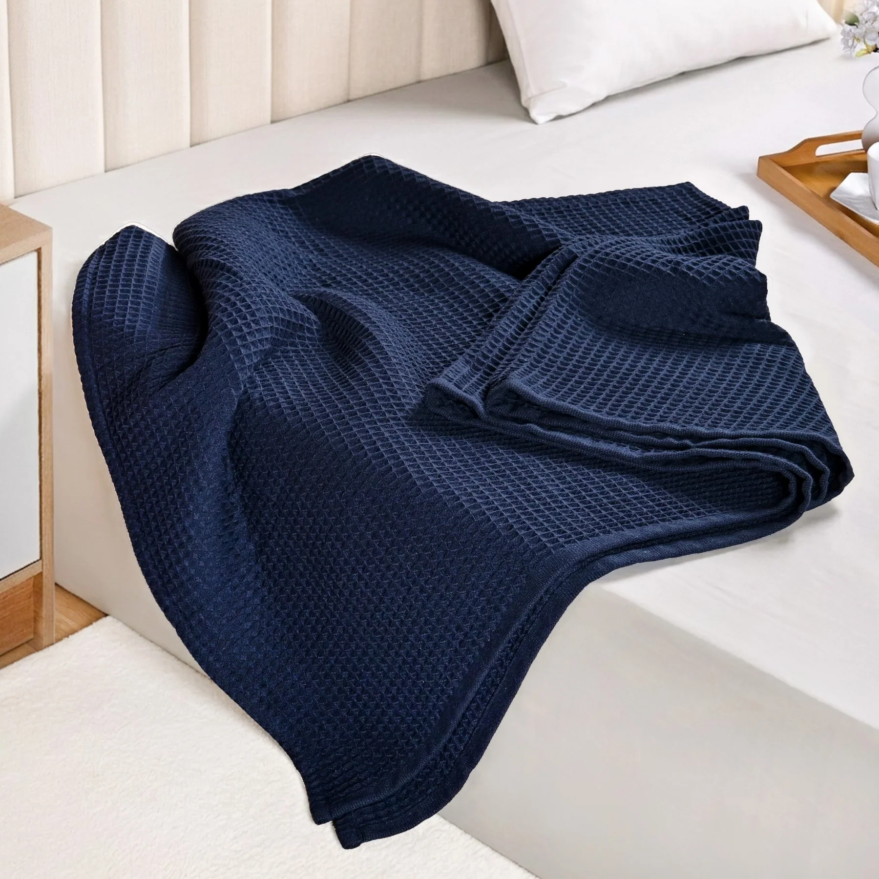 Combed Cotton Waffle Sofa Throw Blanket Deep Blue 220x200cm - Image 3