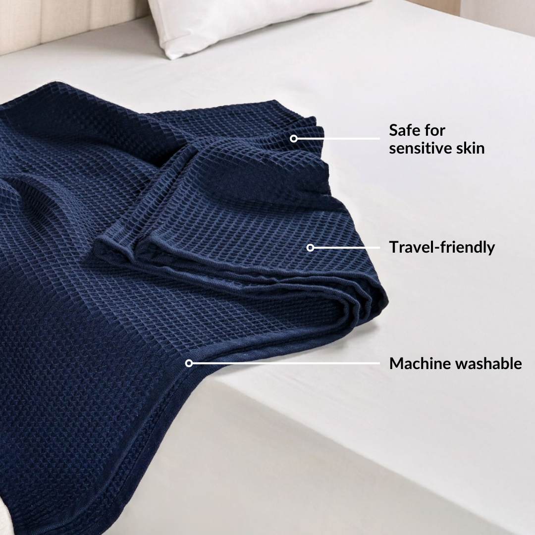 Combed Cotton Waffle Sofa Throw Blanket Deep Blue 220x200cm - Image 4