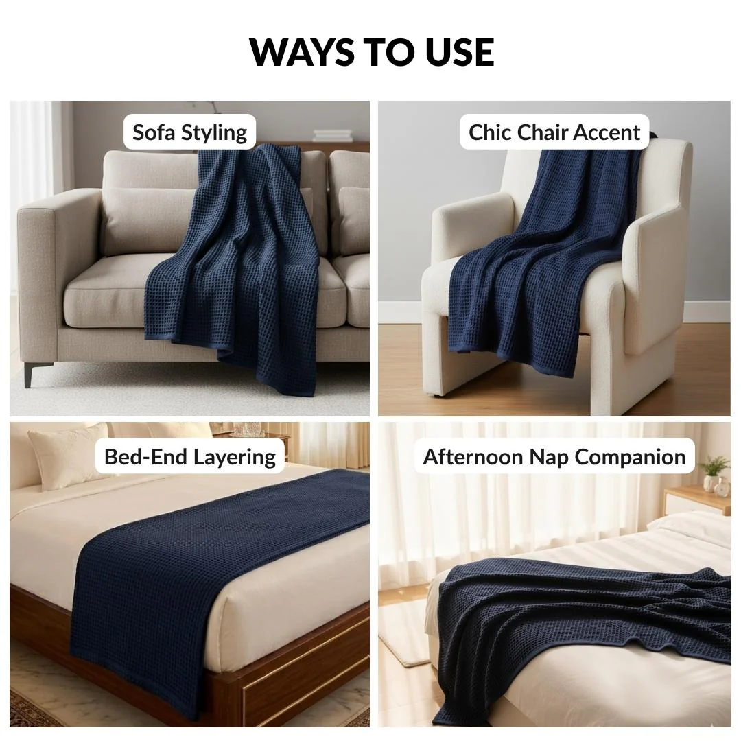 Combed Cotton Waffle Sofa Throw Blanket Deep Blue 220x200cm - Image 7