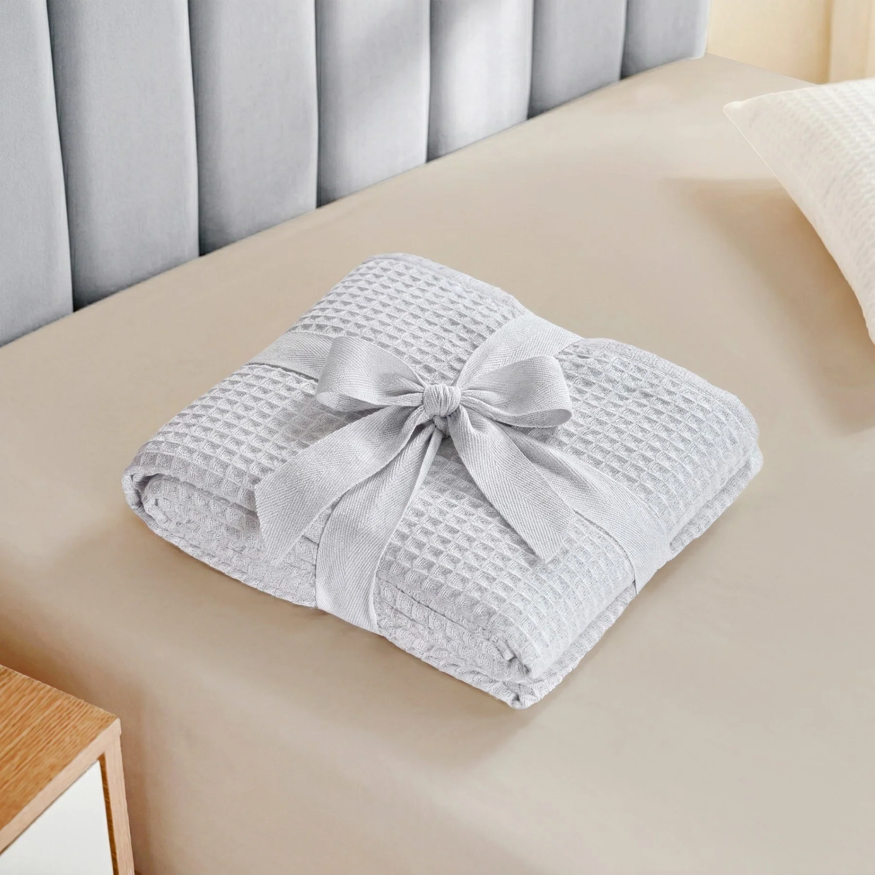 Combed Cotton Waffle Sofa Throw Blanket Light Grey 220x200cm - Image 3