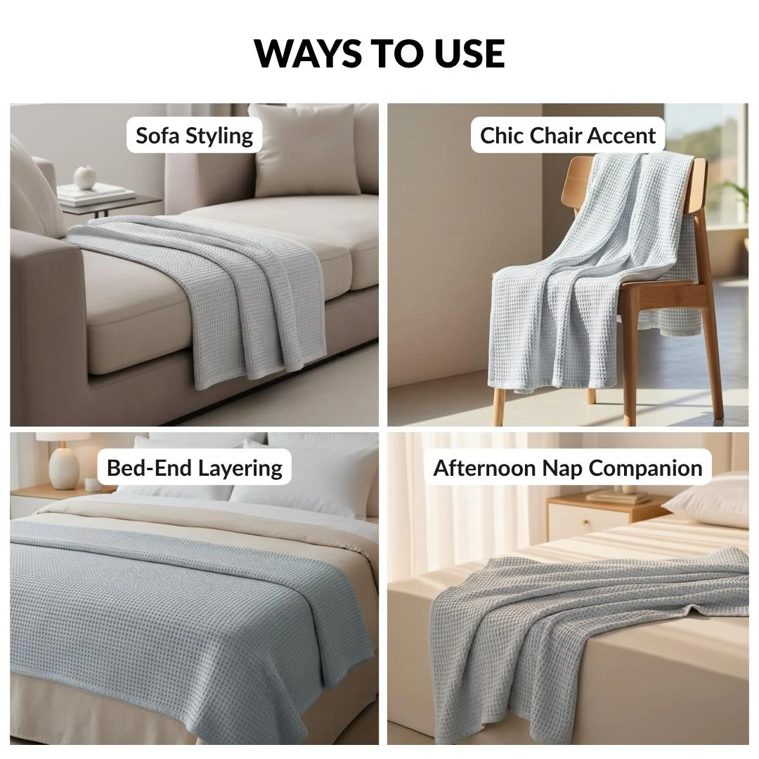 Combed Cotton Waffle Sofa Throw Blanket Light Grey 220x200cm - Image 6