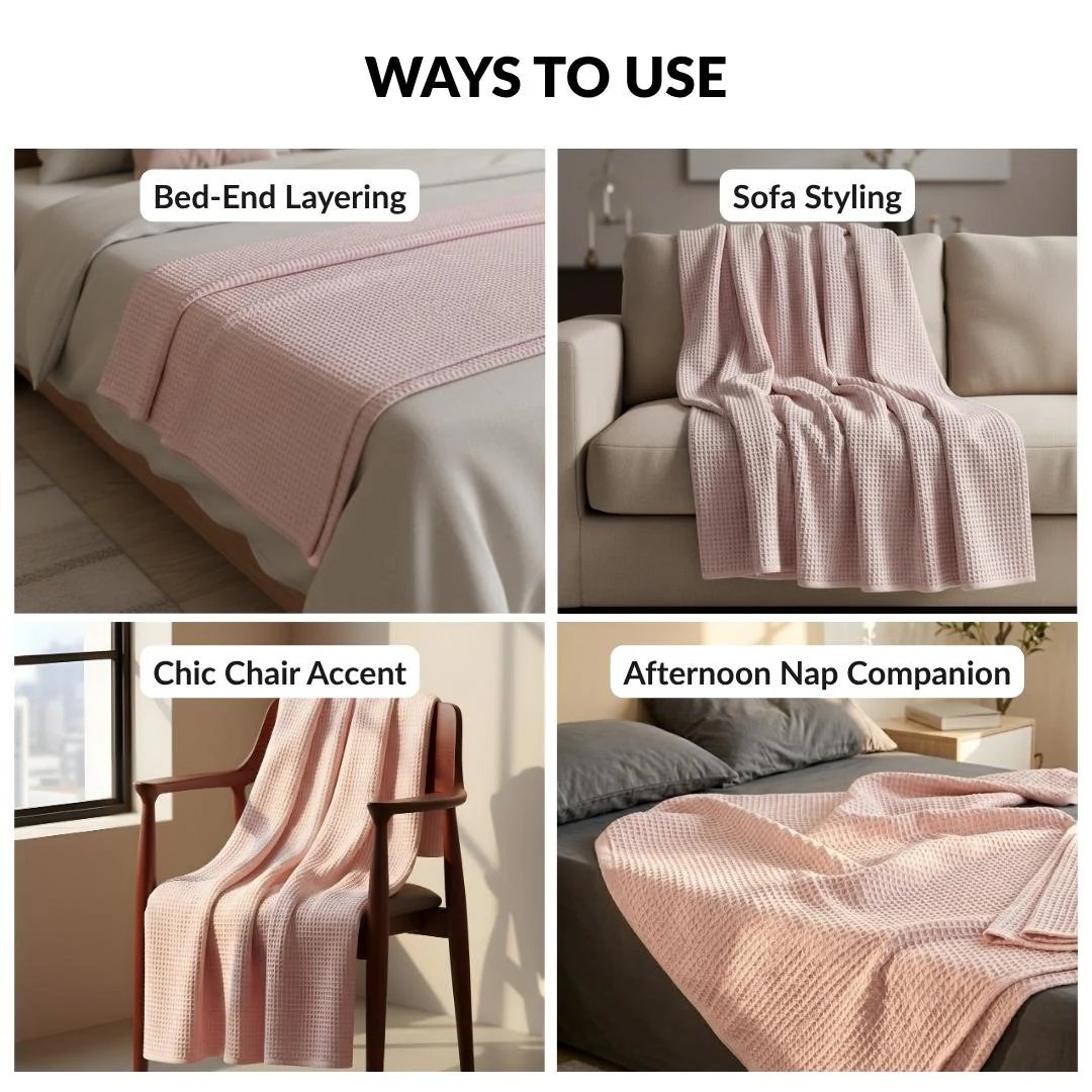 Combed Cotton Waffle Sofa Throw Blanket Pink 220x200cm - Image 6