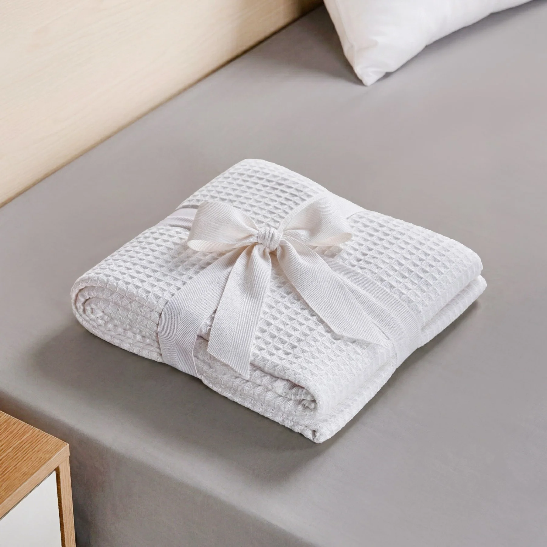 Combed Cotton Waffle Sofa Throw Blanket Pristine White 220x200cm - Image 3