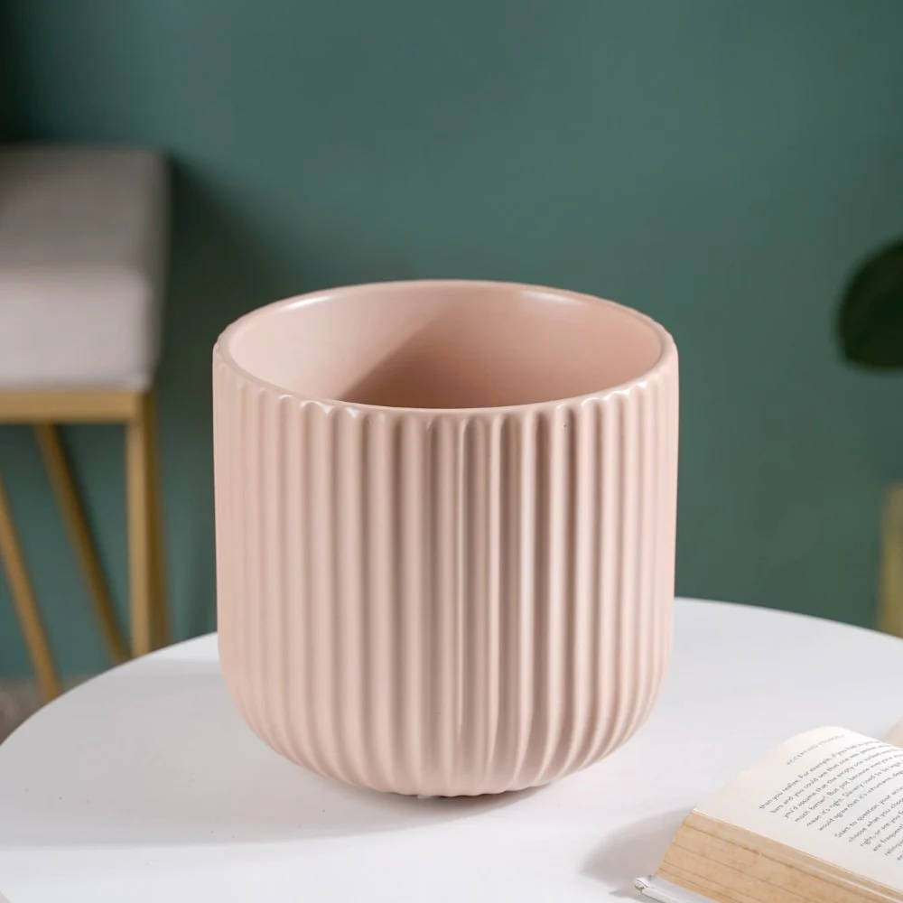 Contemporary Pastel Ribbed Vase Beige - Image 6