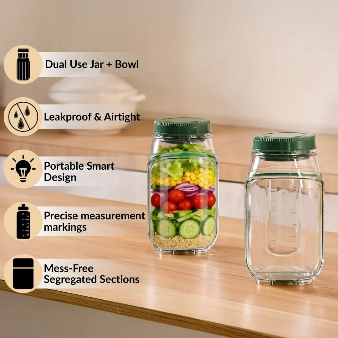 Convertible Salad Pod Jar Bowl With Cup Set Of 2 Leakproof 1200ml - Image 3