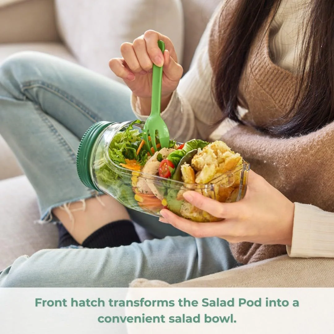 Convertible Salad Pod Jar Bowl With Cup Set Of 2 Leakproof 1200ml - Image 4