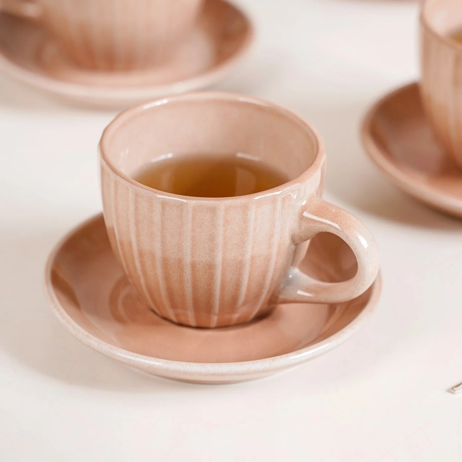 Costola Ceramic Tea Cup And Saucer Set Of 4 Pink 125ml - Image 3