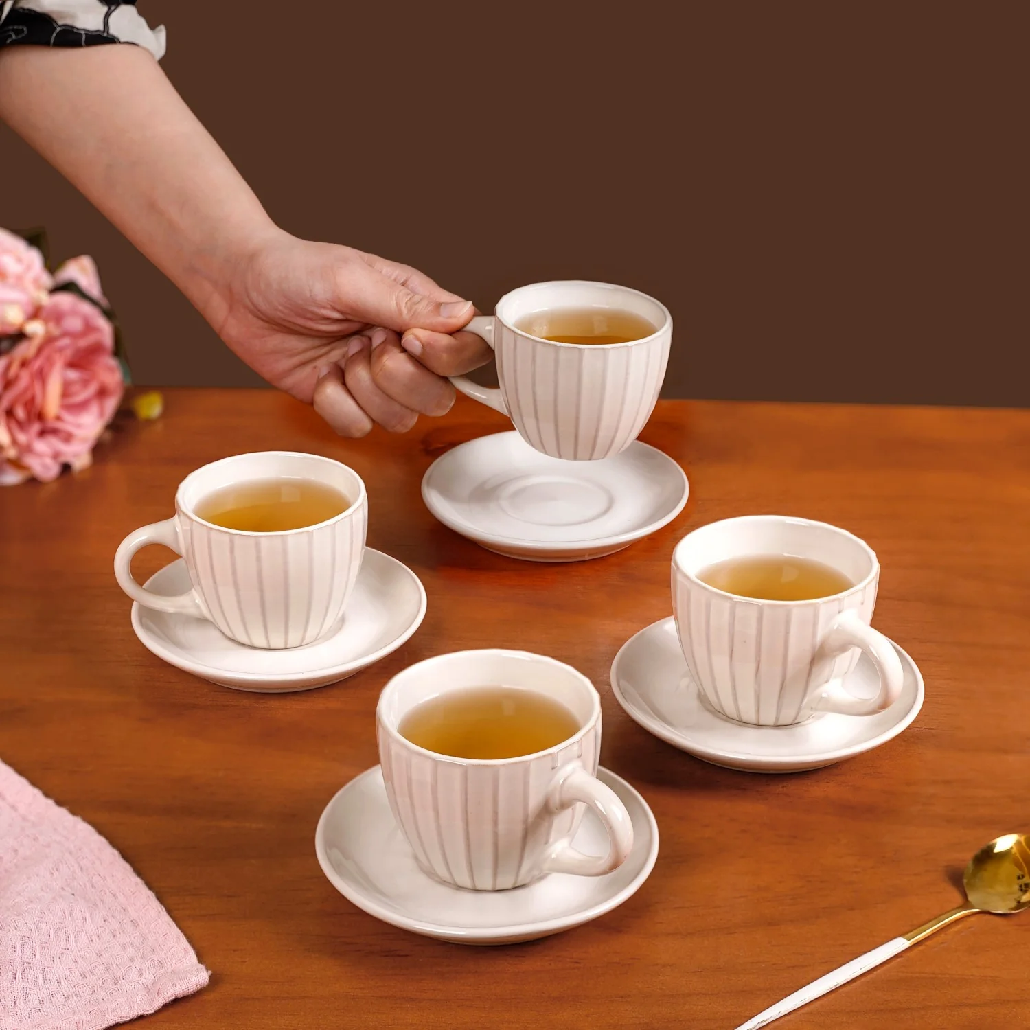 Costola Tea Cup And Saucer Set Of 4 Off White 125ml - Image 2