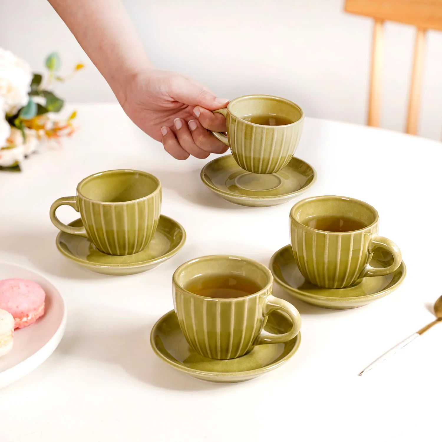 Costola Tea Cup And Saucer Set Of 4 Olive 125ml - Image 2