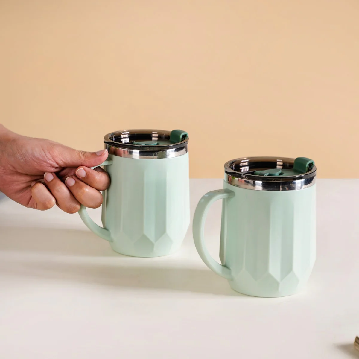 Couples Coffee Mug With Lid Set of 2 Mint Green 400ml - Image 2