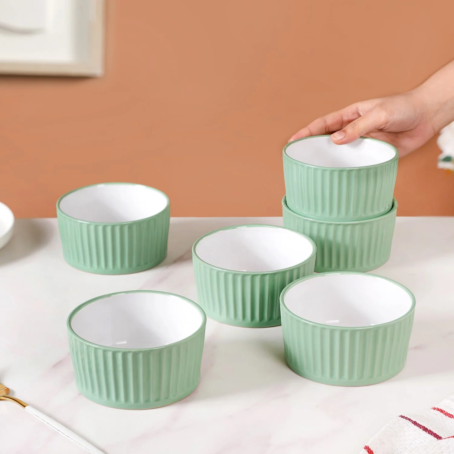 Cresta Ceramic Snack Bowl Set Of 6 Green 400ml - Image 3