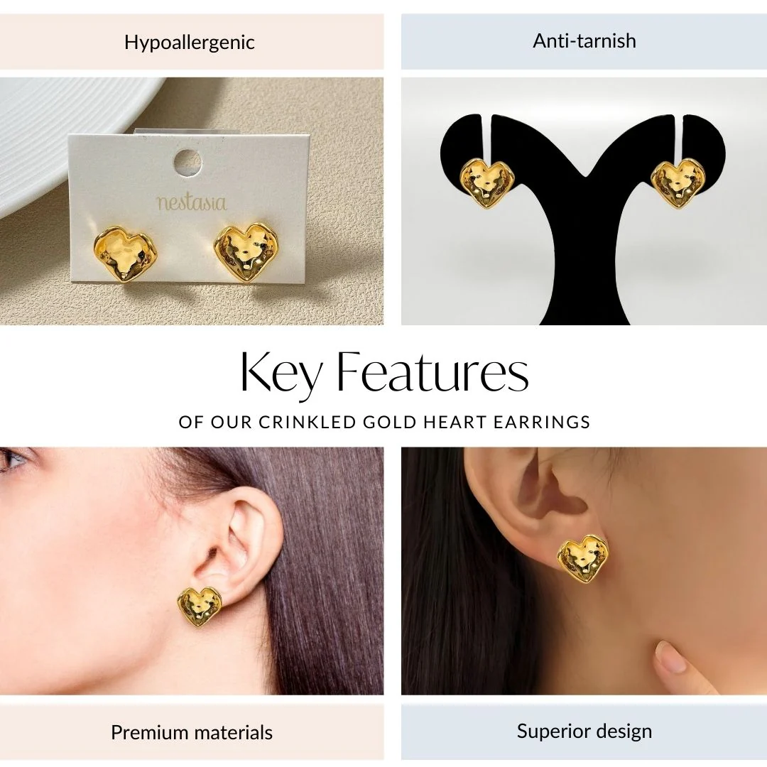 Crinkled Gold Heart Earrings - Image 4