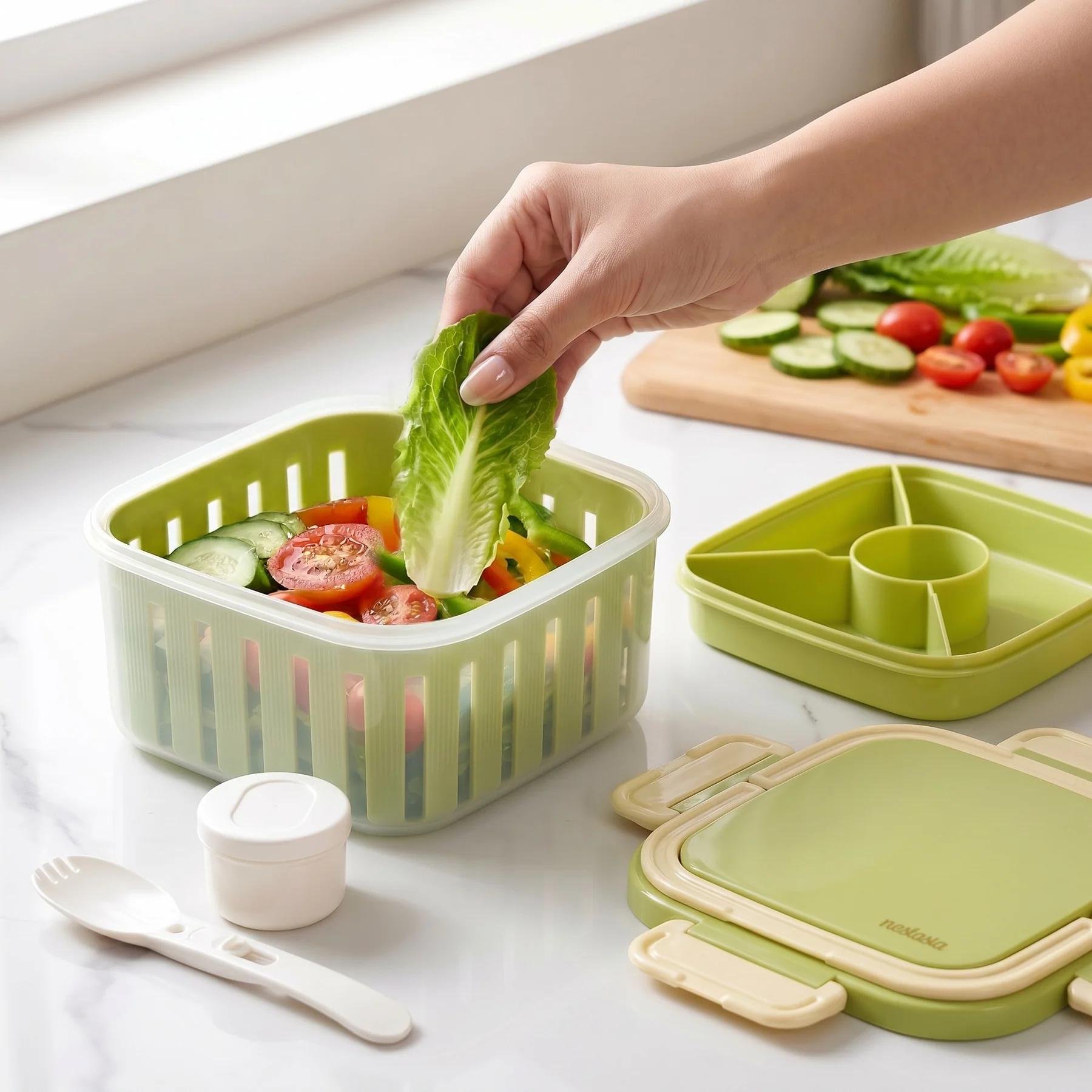 Crispo Salad Box With Dressing Cup And Spoon Green 1350ml - Image 6