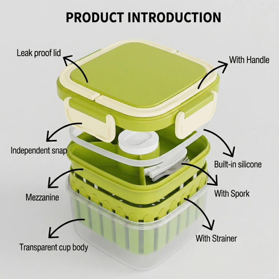 Crispo Salad Box With Dressing Cup And Spoon Green 1350ml - Image 7