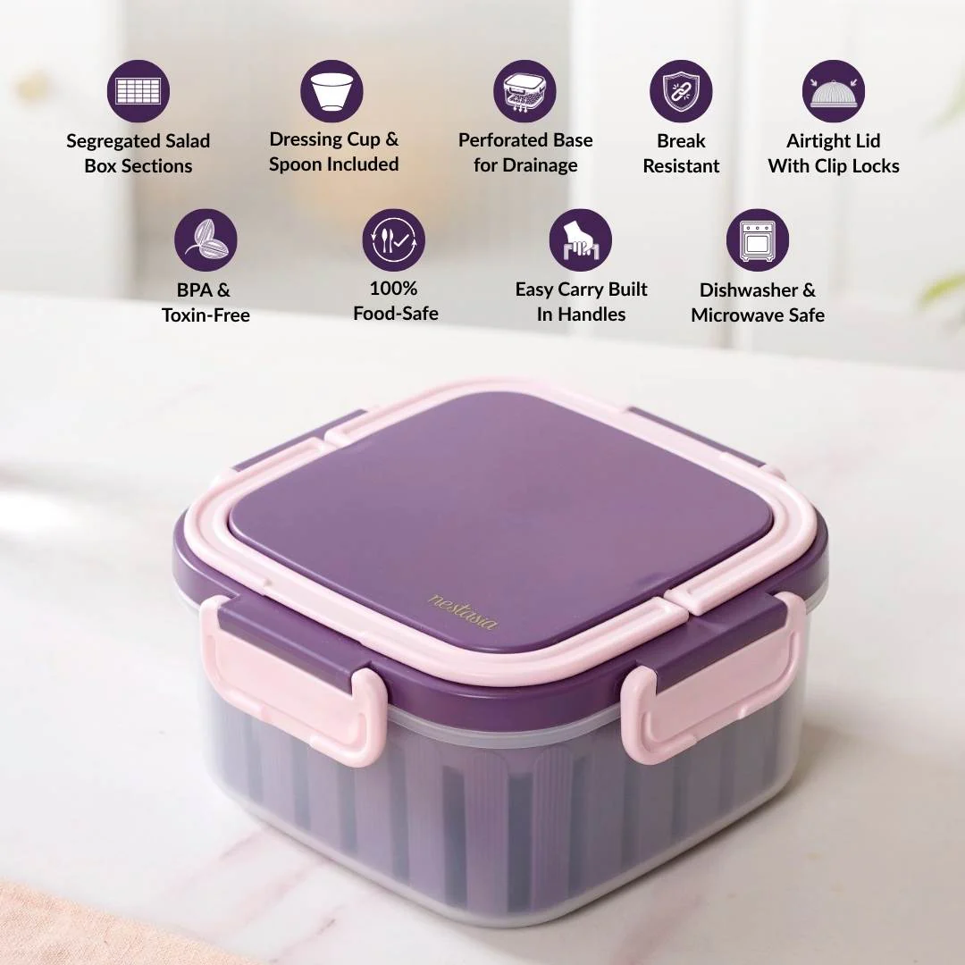 Crispo Salad Box With Dressing Cup And Spoon Purple 1350ml - Image 3