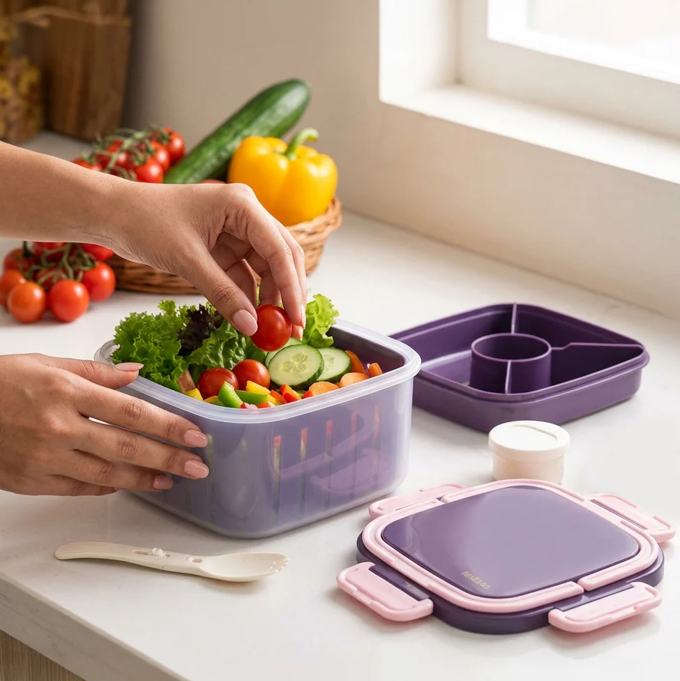 Crispo Salad Box With Dressing Cup And Spoon Purple 1350ml - Image 5