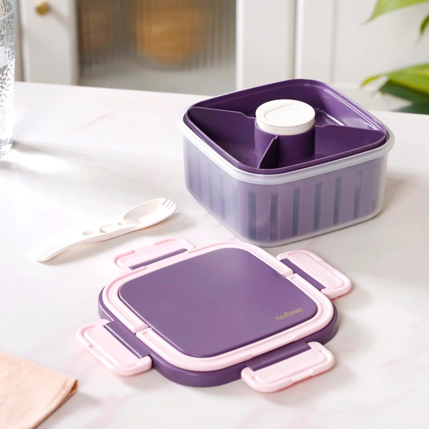 Crispo Salad Box With Dressing Cup And Spoon Purple 1350ml - Image 8